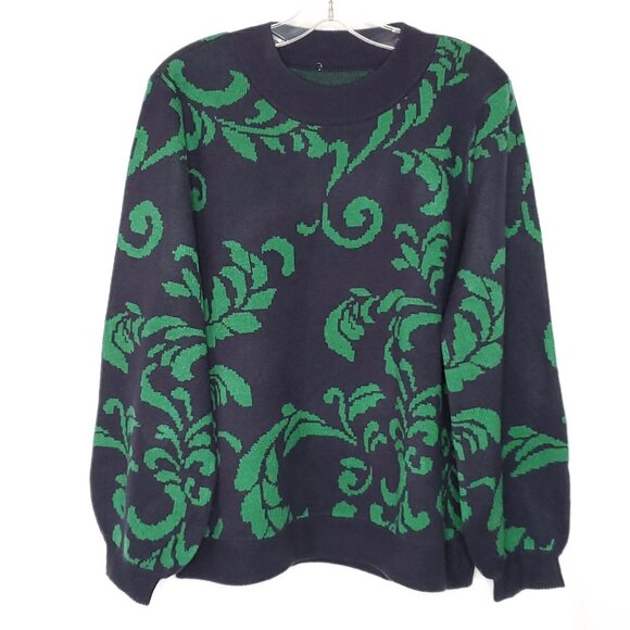 G.I.L.I Sweaters - G.I.L.I. Womens Floral Crew Sweater XL Navy Blue Green Jacquard Knit Old Money